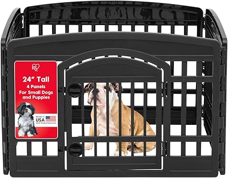 IRIS USA Dog Playpen with Door, 24” 4 Panel Pet Exercise Pen – Indoor Outdoor Puppy Play Pen, Portable Plastic Pet Fence for Small Medium Dogs, Foldable 35” x 35” x 24”, Black