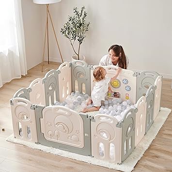 Fortella Cloud Castle Foldable Playpen, Baby Safety Play Yard with Writing Whiteboard and Activity Wall, Pack and Play for Toddlers 1-3, Indoors or Outdoors (Gray, 14 Panel)