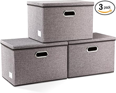 PRANDOM Large Collapsible Storage Bins with Lids [3-Pack] Linen/Cotton Blend Foldable Storage Boxes Organizer Containers Baskets Cube with Cover for Home Bedroom Closet Office Nursery(17.7x11.8x11.8)
