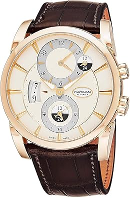 Parmigiani Fleurier Tonda Hémisphères Mens Rose Gold Dual Time Zone Automatic Watch - 42mm Analog Cream Face with Date, and Sapphire Crystal - Brown Leather Band Swiss Made PFC231-1002400-HA1241