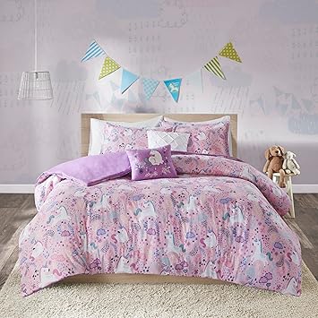 Intelligent Design Kids 100% Cotton Comforter Set - Fun Print and Vibrant Color Modern Design All Season Cozy Bedding, Matching Shams, Decorative Pillow, Full/Queen, Unicorn Reversible Pink