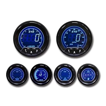 MOTOR METER RACING EVO Series Digital 6 Gauge Set - Blue & Red Switchable LED - 3-3/8" 85mm GPS Speedometer & Tachometer - 2-1/16" 52mm Voltage, Fuel Level, Water Temperature & Oil Pressure