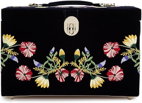WOLF Zoe Large Jewelry Box, Indigo - 20 Compartments, 18 Ring Rolls, 12 Necklace Compartments, 5 Bracelet Compartments, 6 Bracelet/Watch Cuffs & Removable Travel Case