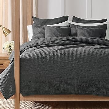 Levtex Home Cross Stitch Reversible King/Cal King Quilt Set (106x92in) and 2 Pillow Shams (36x20in) - Stitch Texture - Charcoal - Cotton King Size Quilt Bedding Set - Lightweight Soft Pre-Washed