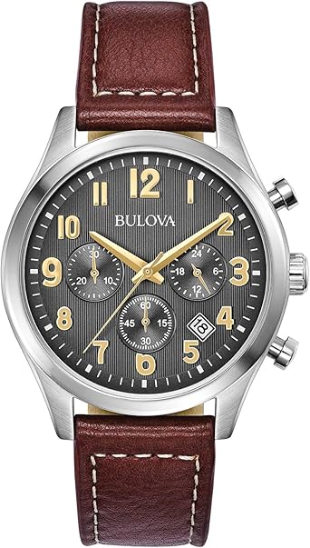 Bulova Men's Classic Stainless Steel 6-Hand Chronograph Quartz Leather Strap Watch with Grey Dial, Gold Accents, Arabic Markers, 41mm