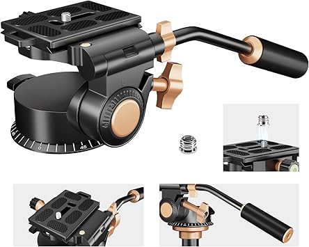 Soonpho Q-08S Heavy Duty Video Camera Tripod Fluid Drag Pan Head with Extended Handle for DSLR Camera,Camcorders,1/4 & 3/8 inch Screw Sliding Plate 360 Degree Rotating Tripod Head