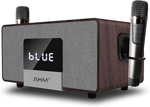 RHM K222 Karaoke Machine, Connect to TV via Optical, with Powerful Sound, Deep Bass & 2 UHF Wireless Mics, Support Bluetooth/AUX/USB/PC, Wooden Karaoke System for Home, Singing Party, Christmas