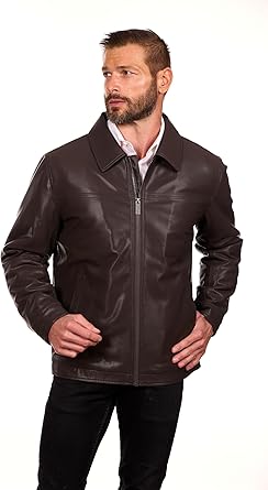 PERRY ELLIS Men’s Leather Jacket Classic Zip Front Coat with Turn-Down Collar