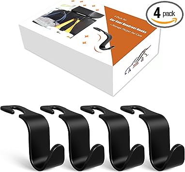 Amooca 4-Pack Car Headrest Hooks Vehicle Storage Organizer for Purses Handbags Groceries Backpack Coats –Holds 55lbs 360° Rotating Black