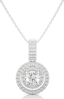 PRIVOSA Real Diamond Pendant Necklace for Women - Double Halo with Natural Diamonds (F-G, SI2-I1) - Solid 14k Gold Pendant - Dainty Necklace with Silver Chain - Gold Jewelry Gifts for Her