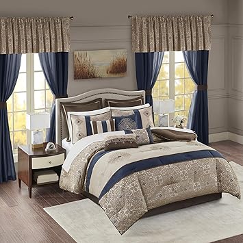 Madison Park Essentials Delaney 24-Piece Room In A Bag Comforter Set-Satin Jacquard All Season Luxury Bedding, Sheets, decorative pillows and Curtains, Valance, Queen (90 in x 90 in), Medallion Navy
