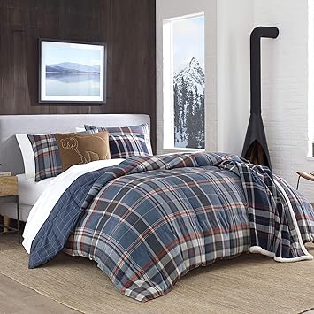 Eddie Bauer - Twin Comforter Set, Reversible Down Alt Bedding with Matching Sham, Oeko-Tex Certified, Dorm Essentials (Shasta Lake Navy)
