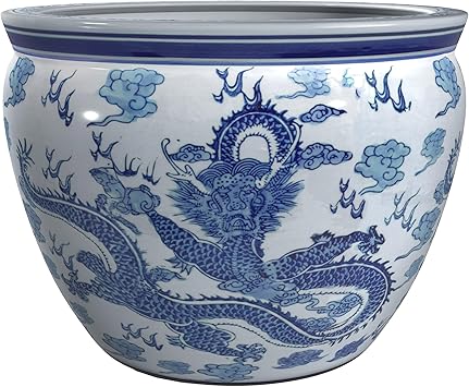 16" Dragon Blue & White Porcelain Fishbowl