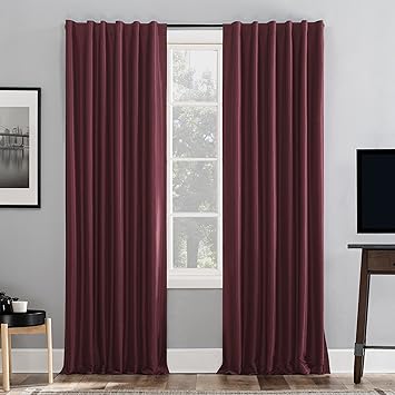 Sun Zero Greyson Faux Dupioni Silk Thermal Extreme Total Blackout Back Tab Curtain Panel, 50" x 84", Bordeaux Red
