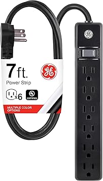 GE 6-Outlet Power Strip, 7 Ft Power Cord, Flat Plug, 3 Prong Outlet, UL Listed, Black