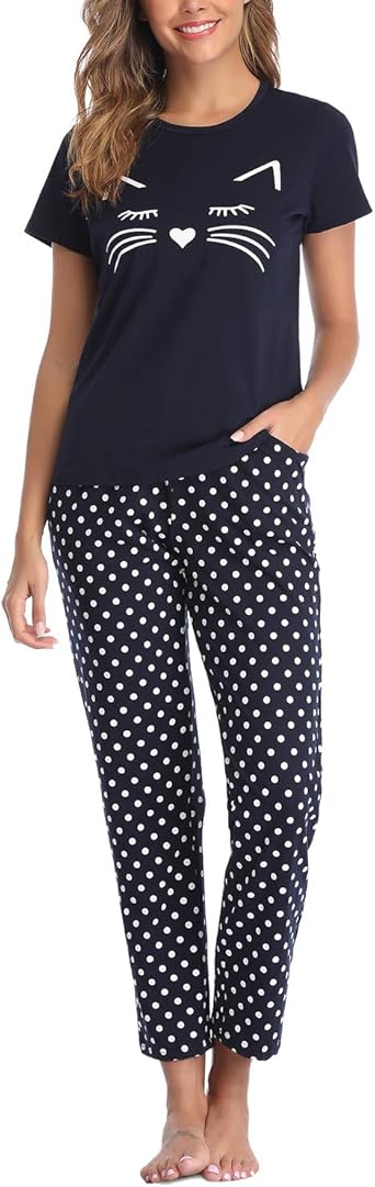 EISHOPEER Women's Cotton Pajama Set Cute Printed Short Sleeve Top & Long Pants Sleepwear Pjs Sets