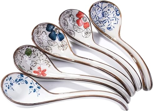 Set of 5 Japanese Ceramic Soup Spoon Set, 6.3-Inch Hand-Painted Asian Spoons with Long Ergonomic Handle for Ramen, Pho, Miso Soup, Udon, and Noodles, Microwave and Dishwasher Safe Kitchenware
