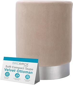 BIRDROCK HOME Round Ottoman Foot Stool – Modern Soft Padded Velvet Vanity Chair with Silver Metal Trim – Accent Chair or Foot Rest for Living Room, Bedroom, or Dressing Room (Taupe)