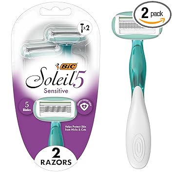 BIC Soleil 5 Sensitive Women's Disposable Razors With 360 Degree Moisture Strips For Enhanced Glide, Shaving Razors With 5 Blades, 2 Count