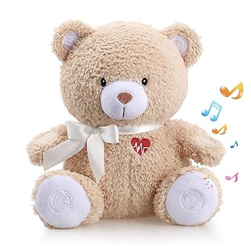 BEREST Newborns Musical Baby Sleep Soother, Mom's Heartbeat White Noise Machine, Bear Sleeping Aid with Cry Sensor|Night Light & 9 Sounds Therapy|Womb Sound Stuffed Toy for Toddler Crib|Deep Brown