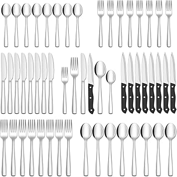 HIWARE 48-Piece Silverware Set with Steak Knives for 8, 18/8 Stainless Steel Flatware Cutlery Set For Home Kitchen Restaurant Hotel, Kitchen Utensils Set, Mirror Polished, Dishwasher Safe