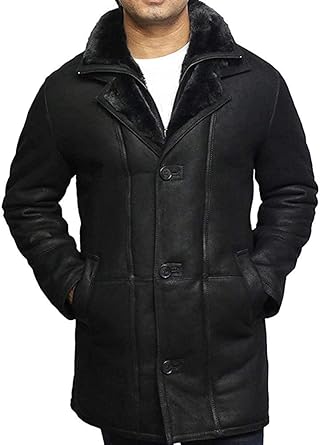 BRANDSLOCK Mens Real Shearling Sheepskin Leather Warm Duffle Trench Coat