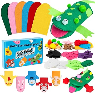 WATINC 6Pcs Hand Puppet Making Kit, Art Craft Felt Sock Puppet Toys, Creative DIY Make Your Own Pompoms Wiggle Googly Eyes Storytelling Role Play Party Supplies Gift for Girls Boys (Animals)
