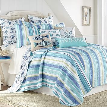 Levtex Home Laida Beach Bedding Set - 3Piece, Blue, Cotton, King Quilt & 2 Shams, Reversible, Coastal Stripe, Tropical Fish