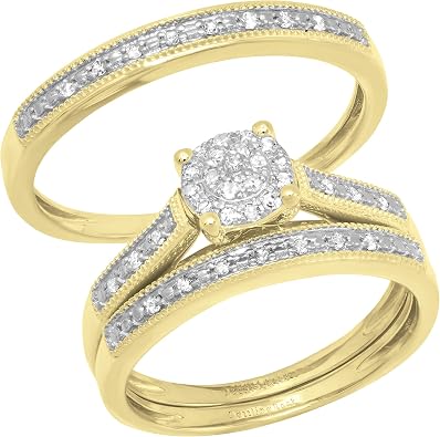 Dazzlingrock Collection 0.25 Ctw Round White Natural Diamond Men & Women Cluster Ring Trio Set 18K Yellow Real Solid Gold
