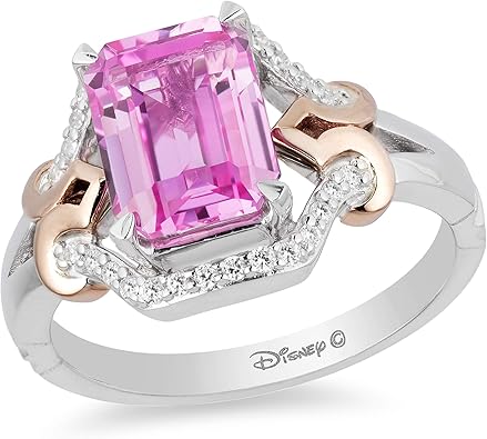 Jewelili Enchanted Disney Fine Jewelry Sterling Silver and 10K Rose Gold with 1/6 Cttw and Created Pink Sapphire Aurora Ring