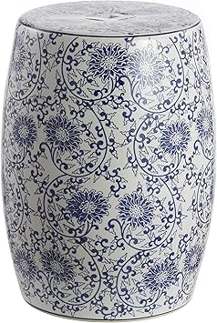 JONATHAN Y Lotus Blossom 17.5" Chinoiserie Ceramic Drum Indoor/Outdoor Garden Stool, Traditional Blue and White Floral, Pierced Side Table, Plant Stand, Patio, Living Room, Blue/White TBL1009A
