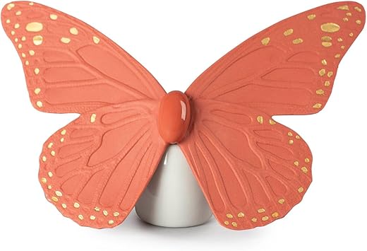 LLADRÓ Butterfly Figurine. Golden Luster & Coral. Porcelain Butterfly Figure.