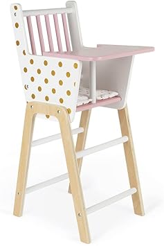 Janod - Candy Chic Highchair Wooden Baby Doll Chair Ages 3+ - for Children Aged 3 and Up - Playing House with Doll Furniture - Stylish Design - Includes Comfy Polkadot Cushion