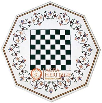 Whtie Marble Chess Dining 51" Table Top Floral Marquetry Arts Playroom Decor Gift For Chess Player