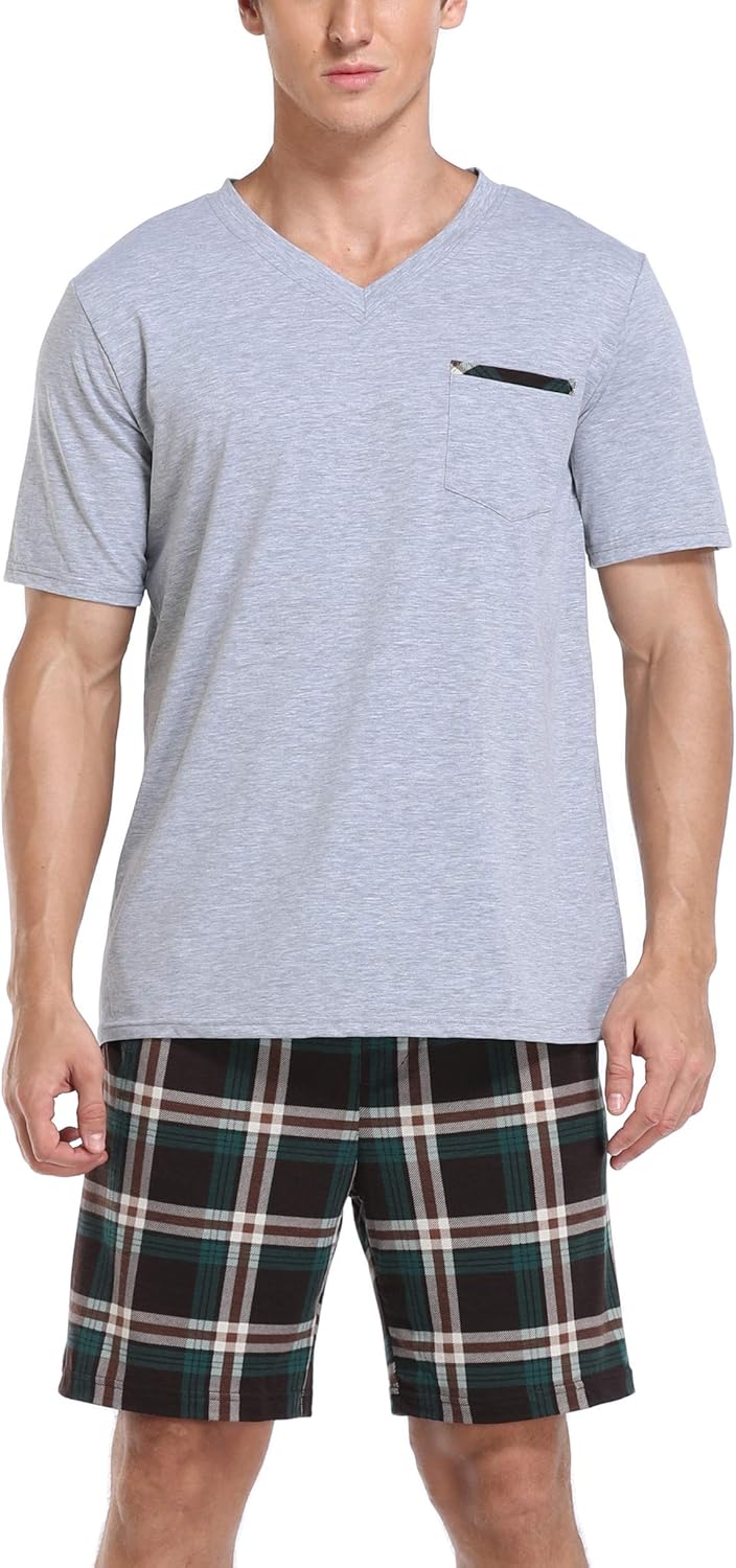 Vlazom Men's Pajama Sets Soft 2 Piece Pj's Set Short Sleeve Cotton Top and Plaid Pants for Loungewear Sleepwear with Pockets