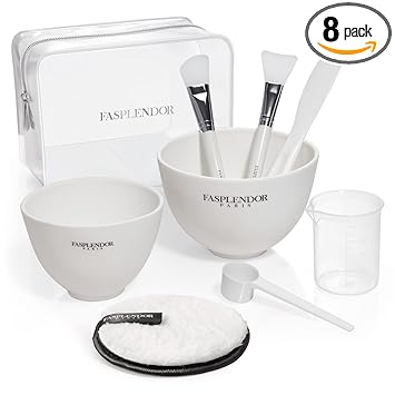 Face Mask Mixing Bowl Set, 9-Piece White Facial Bowl and Brush Set for DIY Skincare, 2 Mask Bowls (500cc + 300cc), 2 Mask Brushes, Spatula, Measuring Cup, Scoop, Makeup Remover Pad & Makeup Bag