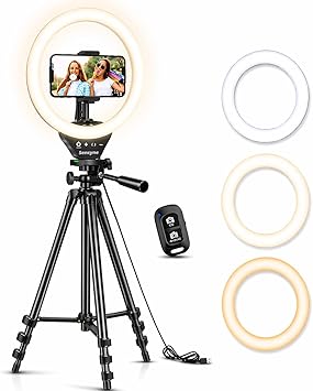 Sensyne Ring Light with Stand, 50" Phone Tripod for iPhone & Android, LED Ring Light with Remote, 3 Color Modes & 10 Brightness Levels for TikTok, Zoom & Video Recording