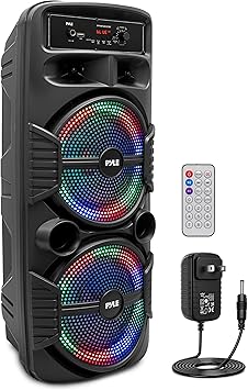 Pyle Portable Bluetooth PA Speaker System - 600W Rechargeable Outdoor Bluetooth Speaker Portable PA System w/ Dual 8” Subwoofer 1” Tweeter, Microphone In, Party Lights, USB, Radio, Remote - PPHP2835B