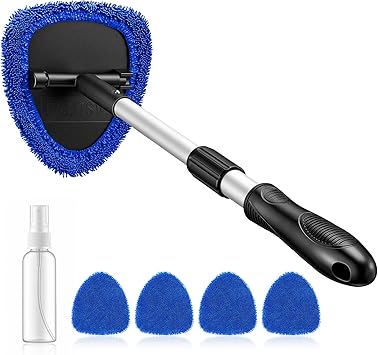 AstroAI 21" Windshield Cleaner Tool, Car Interior Detailing Cleaning Kit with Extendable Handle and 4 Upgraded High-Density Reusable Microfiber Pads, Auto Glass Wiper Brush Kit for Cars, Blue