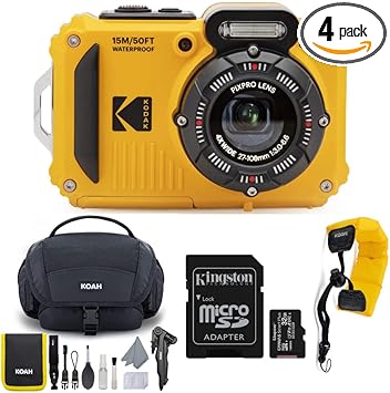 Kodak PIXPRO WPZ2 Rugged Waterproof 16MP Digital Camera with 4X Optical Zoom with Koah Nostrand Gadget Bag with Accessory Kit, 32GB UHS-I microSDHC, and Floating Strap Bundle (4 Items)