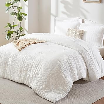 CozyLux King Size Comforter Set White, 7 Pieces Seersucker Textured Luxury Bed in a Bag, All Seasons Soft Bedding Sets with Down Alternative Comforter, Sheets, Pillowcases & Shams, Home Gift