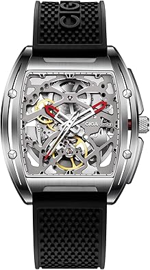 CIGA Design Z Series Automatic Mechanical Watch, Luxury Skeleton Wristwatch Tonneau with Silicone Strap Stainless Steel Business Dress Waterproof Timepiece Gifts for Men and Women