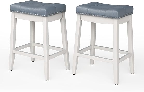 COSTWAY Bar Stools Set of 2, 24-Inch Height Backless Counter Stool with Footrest, Soft Seat Cushion, Wood Legs and Non-Slip Foot Pad, Saddle Stools for Home Kitchen Living Room, Stone Gray+White