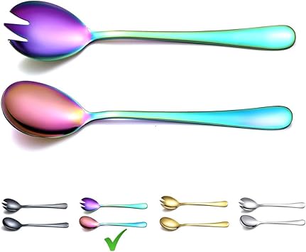 Rainbow Salad Server Set, Berglander Stainless Steel Salad Serving Set With Titanium Colorful Plating, Salad Servers, Salad Spoon, Salad Fork, Pack of 2 (Shiny Rainbow)