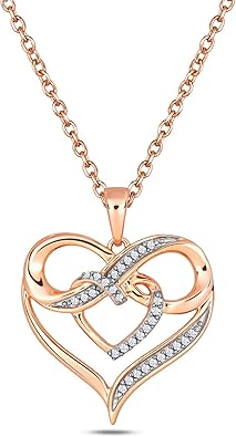 Cali Trove 1/10ct Natural Diamond Double Heart Infinity Pendant Necklace for Women | 10KT Gold Heart Infinity Pendants for Her |Mother's day Jewelry Gifts in Pink, White or Yellow Gold