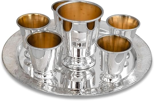 Heavy and Modern Sterling Silver Kiddush Set with 6 Liqueurs and Hammered Tray Shabbat gift