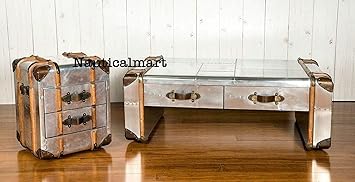 Nautical-Mart Aviator Luggage Trunk Side Table Soft Close Drawers