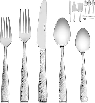 Hudson Essentials 68-Piece Hammered 18/10 Stainless Steel Silverware Cutlery Set with Serving Set, Flatware Service for 12 (68-Piece Set)