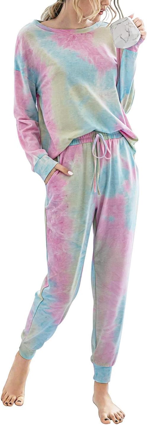TSMNZMU Women's Pajama Sets Tie Dye Casual 2Pcs Sleepwear Long Sleeve Pullover Tops Long Pants Pockets Joggers