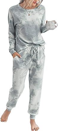 TSMNZMU Women's Pajama Sets Tie Dye Casual 2Pcs Sleepwear Long Sleeve Pullover Tops Long Pants Pockets Joggers